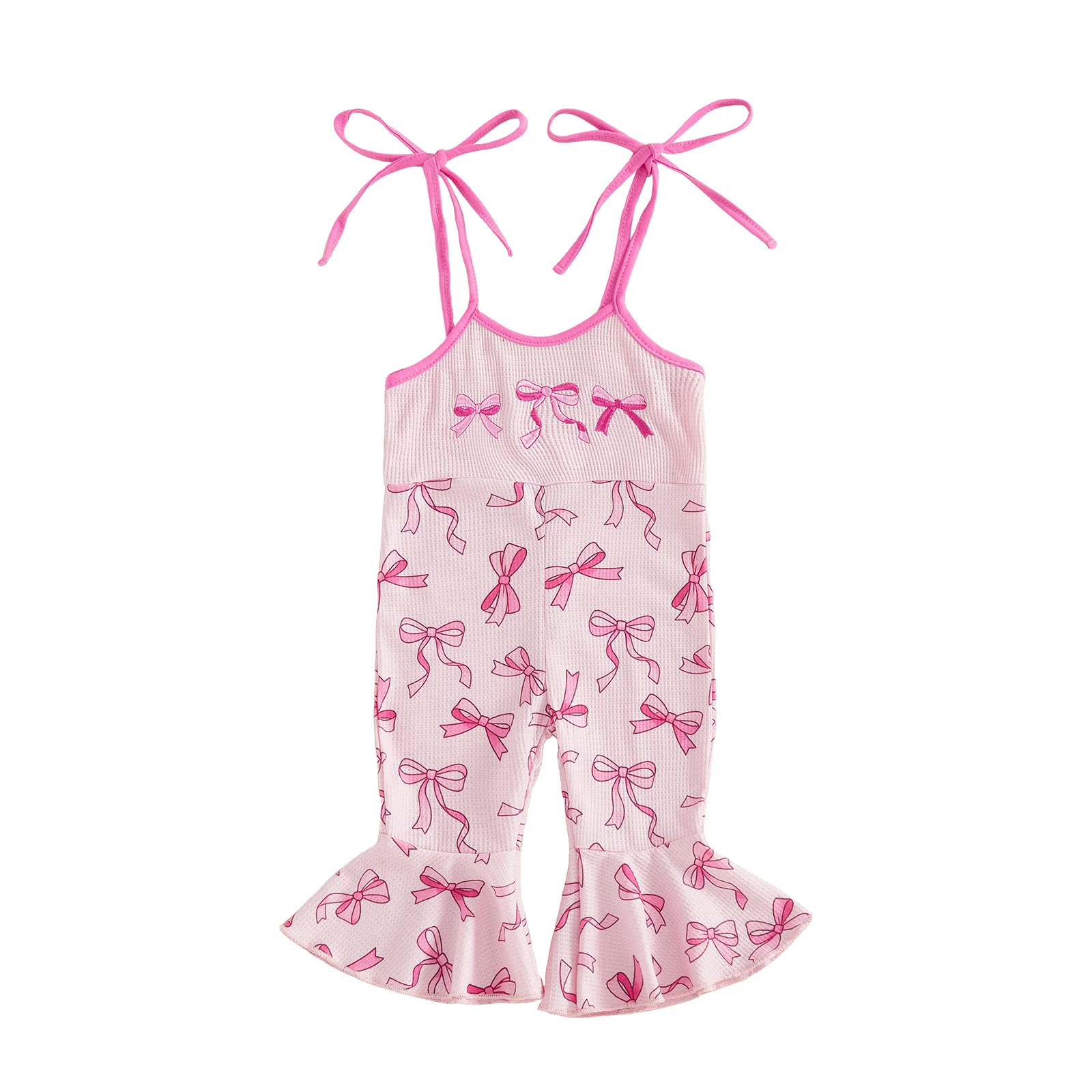 بدلة قفز بدون أكمام بطبعة زهور للأطفال مع أشرطة كتف قابلة للتعديل وتفاصيل فيونكة وسروال واسع للأطفال الصغار #4