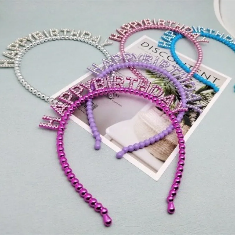 

Праздничная повязка на голову с жемчугом и английскими буквами, украшение для волос на день рождения, подарок для девочек