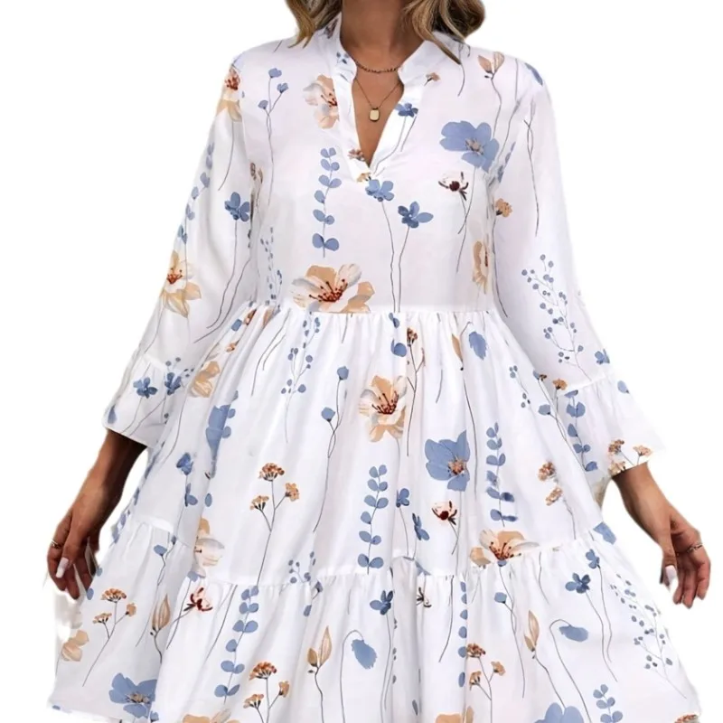 Elegant Ladies' Trendy Autumn White Dress New With Flower Print V-neck Cover Waist Cinched Lantern Sleeves A-line Swing Dress