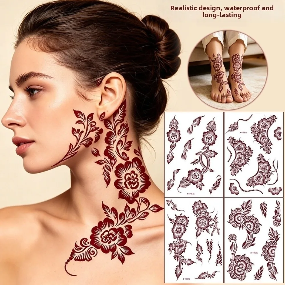 Red Mehndi Stickers Henna Tattoo Stickers Lace Fake Tattoo Legs Arm Temporary Tattoo Waterproof Wedding Tool
