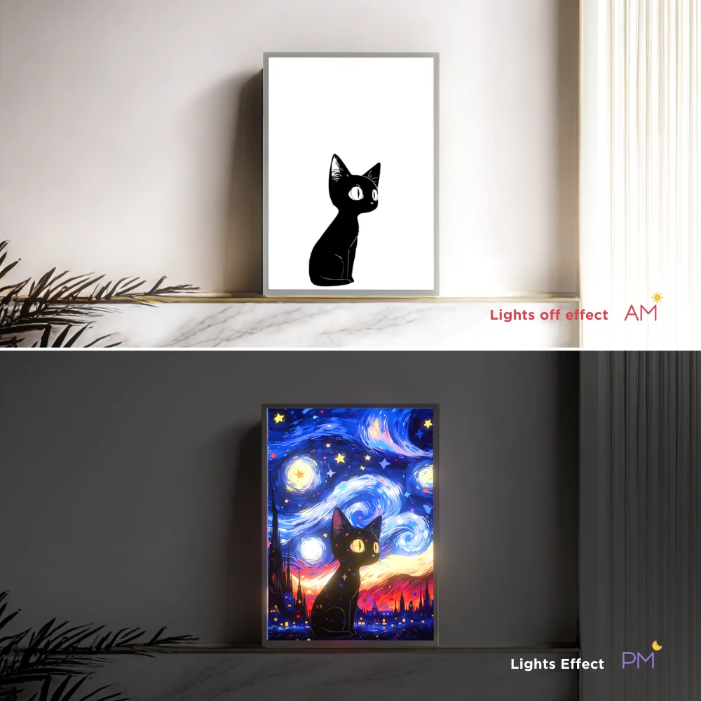 Van Gogh starry night light kitten,romantic art home decoration photo frame luminous painting,USB dimming cute table lamp gift