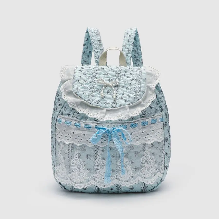 Lace Mini Backpack Girls Floral Ruffle Bow Drawstring Backpack Cute Casual Daily Shoulder Bag