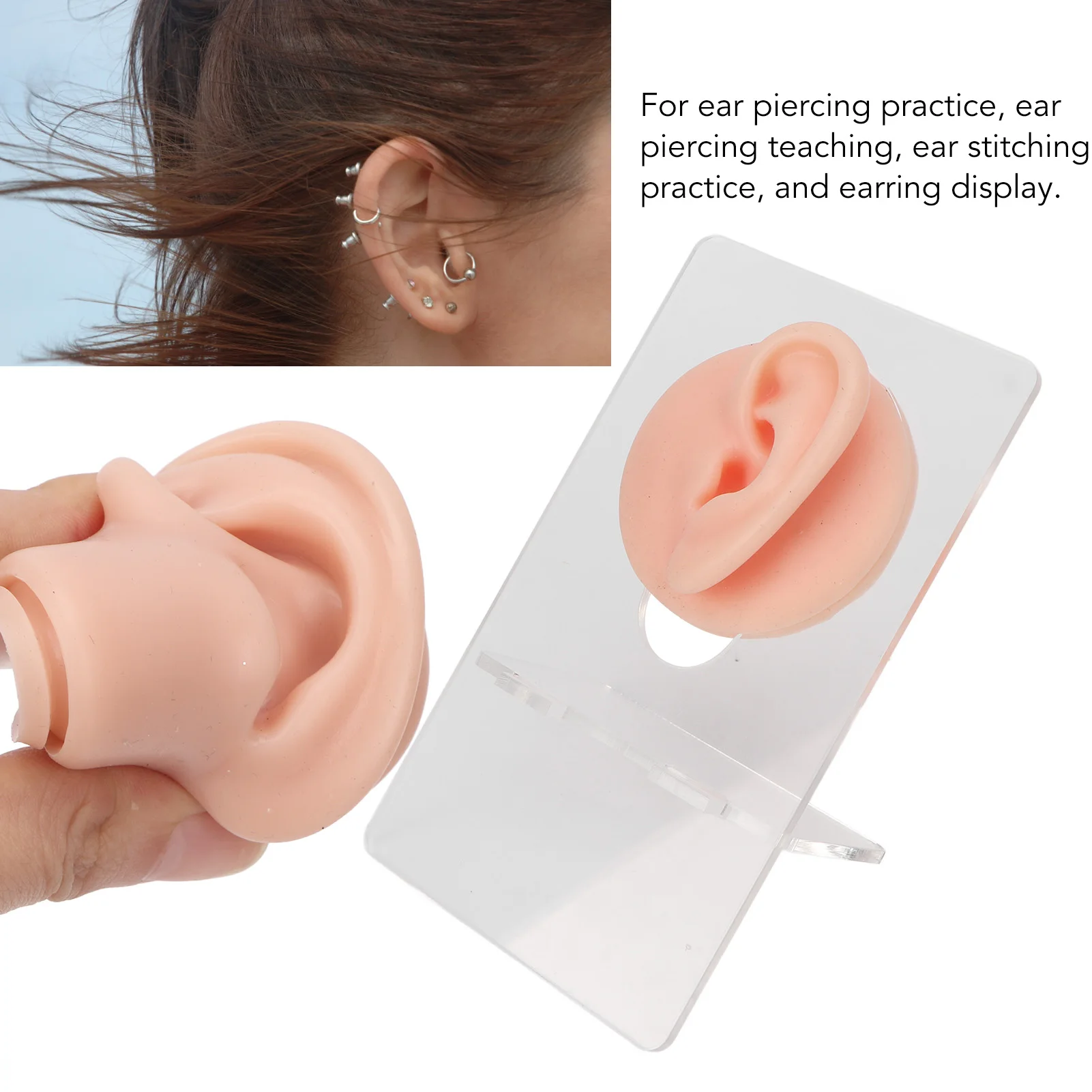 3 Pair Soft Silicone Ear Model Acrylic Bracket Human Ear Model for Piercing Practice Earring Display Ear Model Human Ear Model