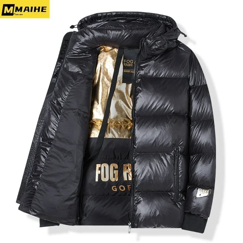 

K-pop brand black gold down jacket men's winter detachable hat thick white duck down coat neutral short bright-faced down jacket