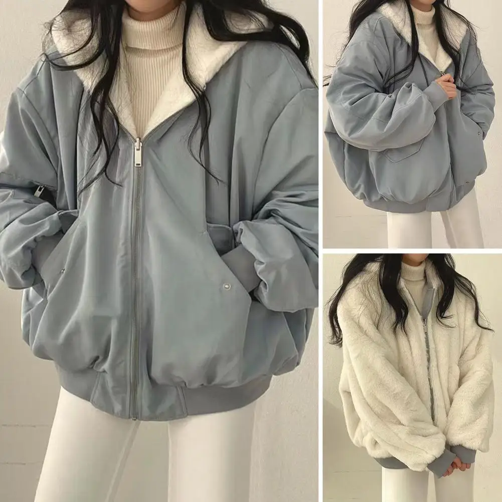 Winter Women Jacket Thickened Fleece Lined Double-sided Wearing Hooded With Pockets Windproof Heat Retention Zip-up Lady Coat