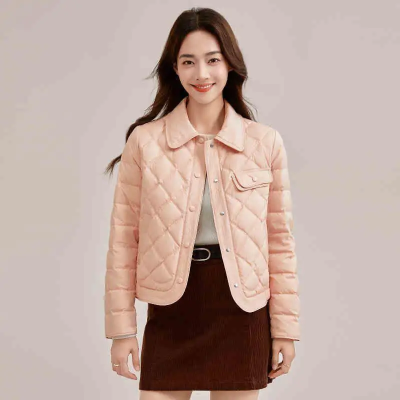 

White Duck down Jacket Women's Winter New Lightweight Shirt Collar Short Style Slimming Outerwear Polyester Fiber Zipper