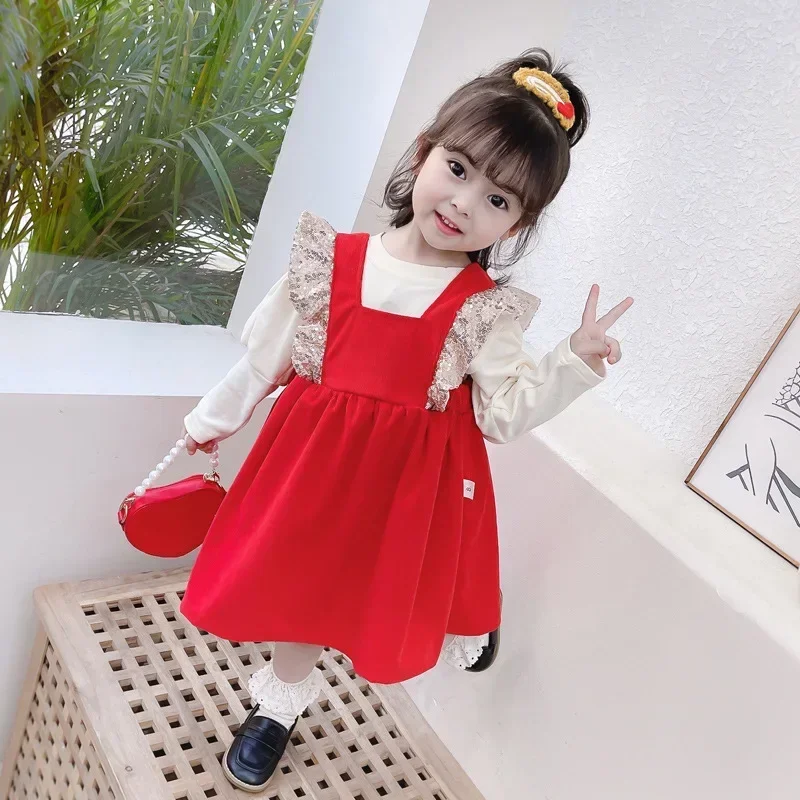 1-5Years Girls Princess Set 2025 Spring Puff Sleeve Bottoming Shirt+Sequins Bow Strap Dress Sets Cute Kids 2Pcs Clothes Suits