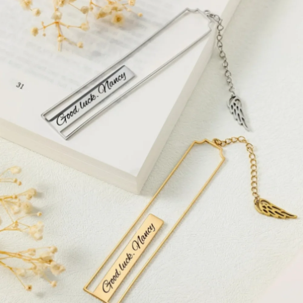 Personalized Engraved Metal Bookmark with Angel Wing Charm, Custom Name Text Book Mark Reader Gift for Book Lovers