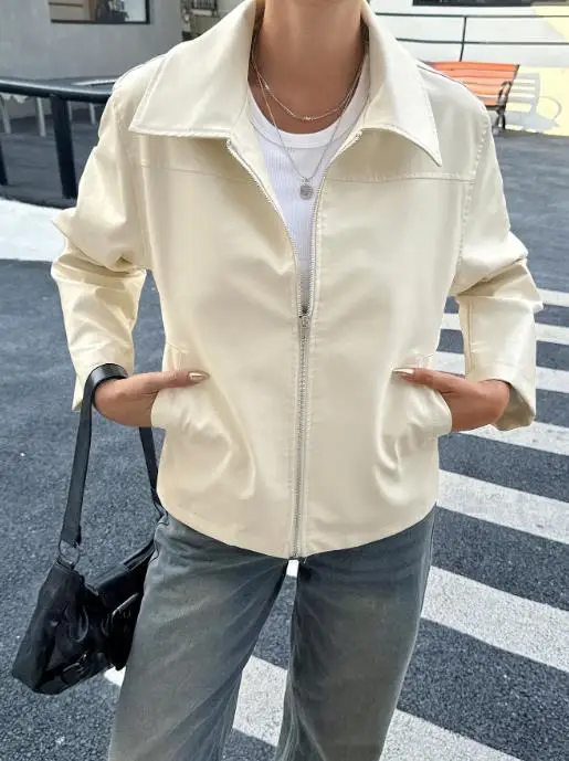 

2025 Autumn and Winter High-End Minimalist Long Sleeved Leather Jacket for Women's Clothing