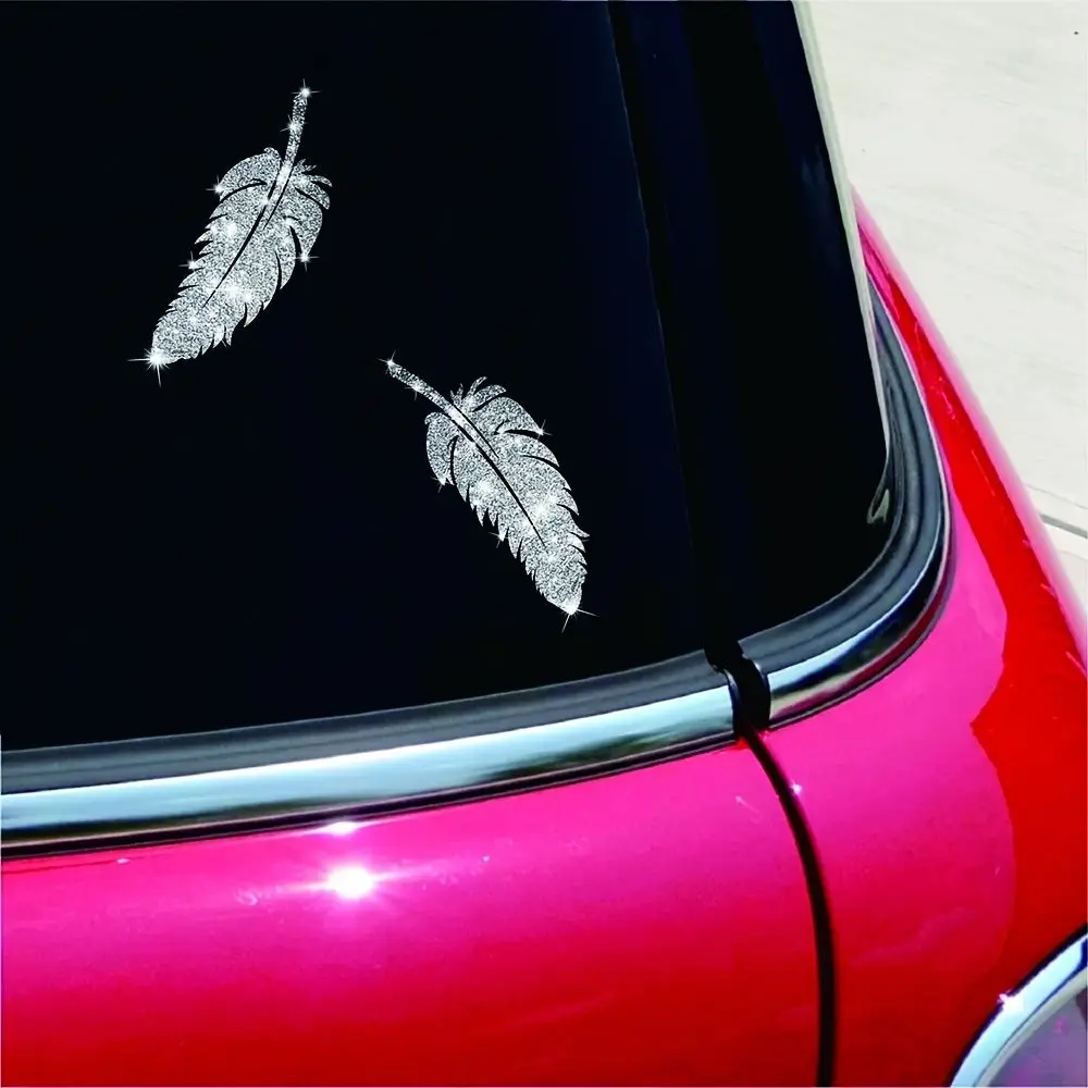 Sparkling Silver Feather Vinyl Car Decal, Waterproof Glitter Feather Sticker for Auto Body Window Scratch Cover