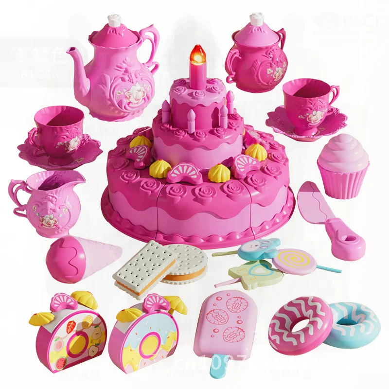 Girls Cake Cutting Music Light Simulation Tea Set Toy 3-Layer Dessert Playhouse Candle Afternoon Tea Play Kitchen Simulation