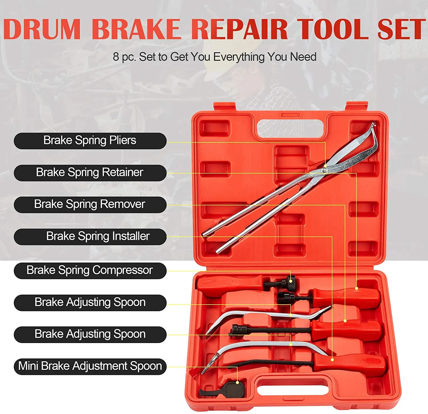 8pc Drum Brake Tool Kit,Drum Brake Tool with Drum Brake Spring,Compressor,Spring Pliers,Drum Adjusting Tool,Brake Spoon Set