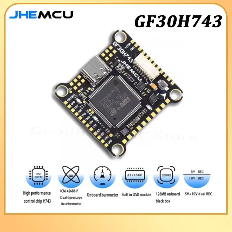 JHEMCU GF30H743 H743 480MHZ Flight Controller ICM-42688-P DUAL Barometer OSD 128M BlackBox Dual BEC 3-6S 30X30mm für FPV Drohnen