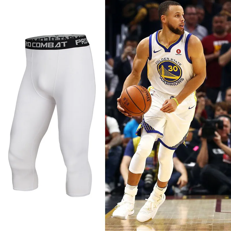 Collant da basket a 7 punti Sport da uomo Fitness Pantaloni da allenamento bianchi a cinque punti Leggings compressi ad alta elasticità ad asciugatura rapida
