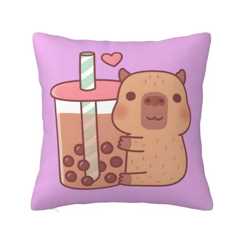 Cute Little Capybara Hugs Bubble Tea Throw Pillow Case 60*60cm for Living Room Cushion Cover Square Polyester Pillowcase