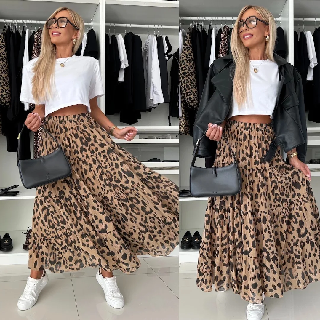 

SKMY New Women Clothing Long Skirts 2025 Autumn New Fashion Leopard Printed Elastic Waist Pleated A-Line Skirts Party Clubwear