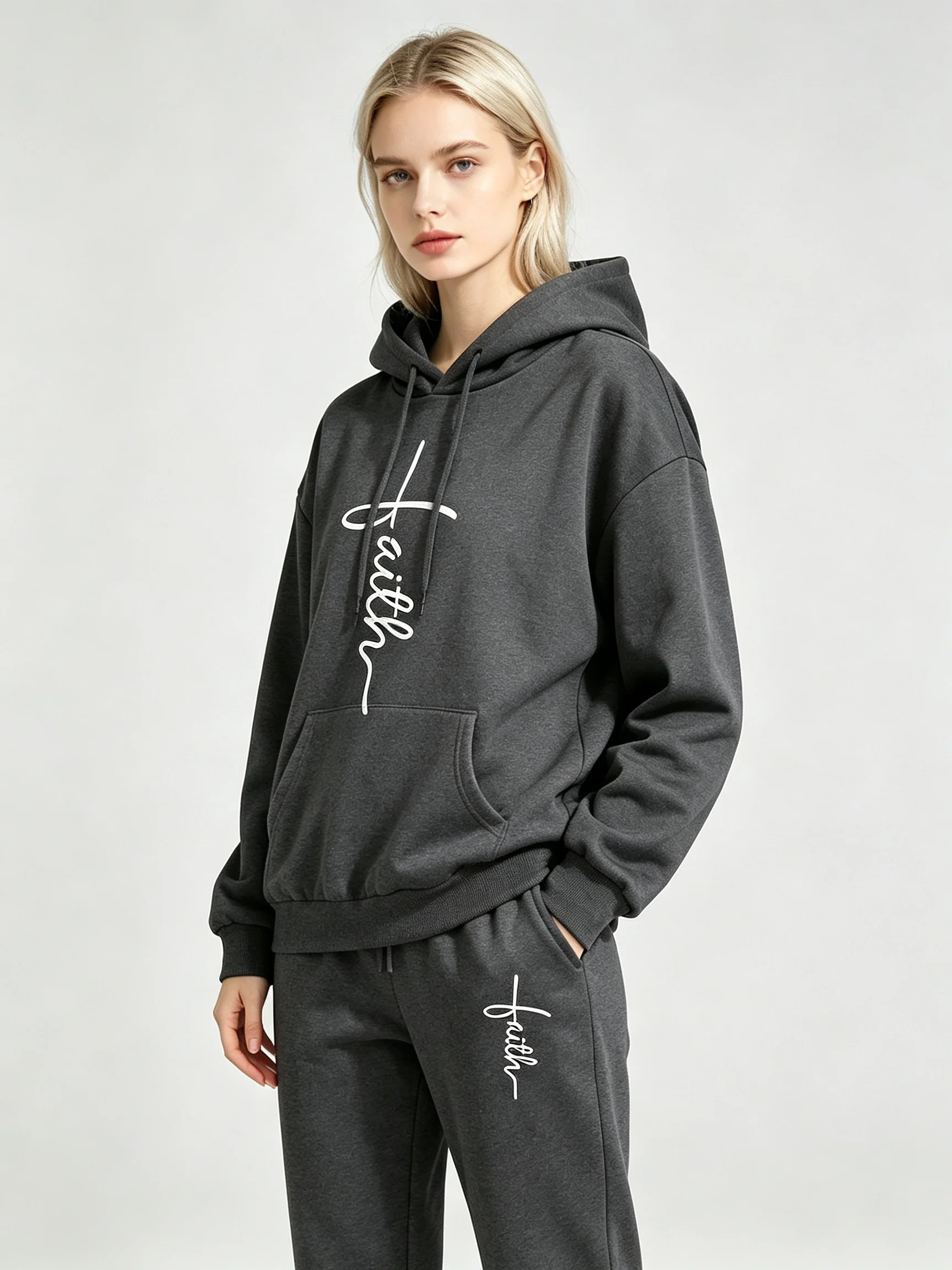 Women Printed 2 Piece Tracksuit Hooded Sweatshirt & Jogger Pants Casual Daily Outfit Warm Comfortable Autumn Winter Sportswear