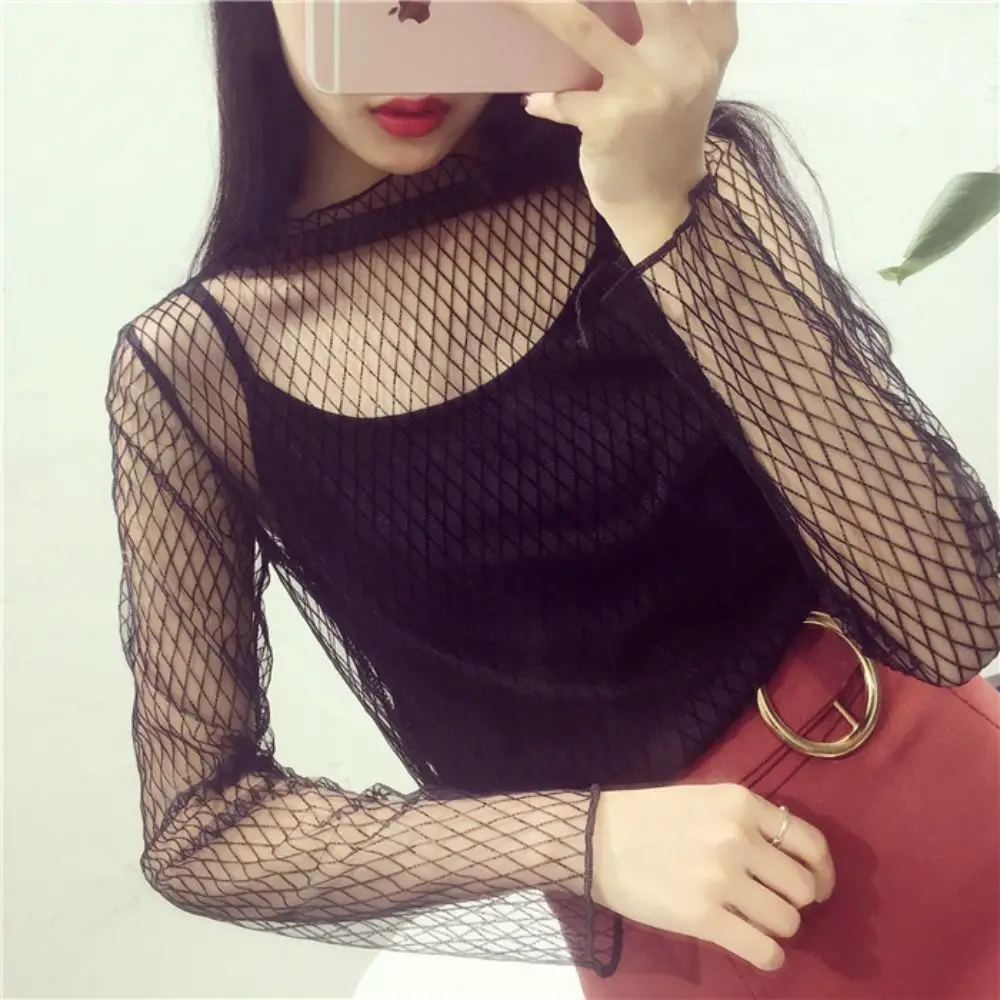 

See-Through Lace T Shirt Long Sleeve Mesh Fishnet Mesh Ladies Tops Sheer Black Blouses Transparent T-shirt Autumn Club