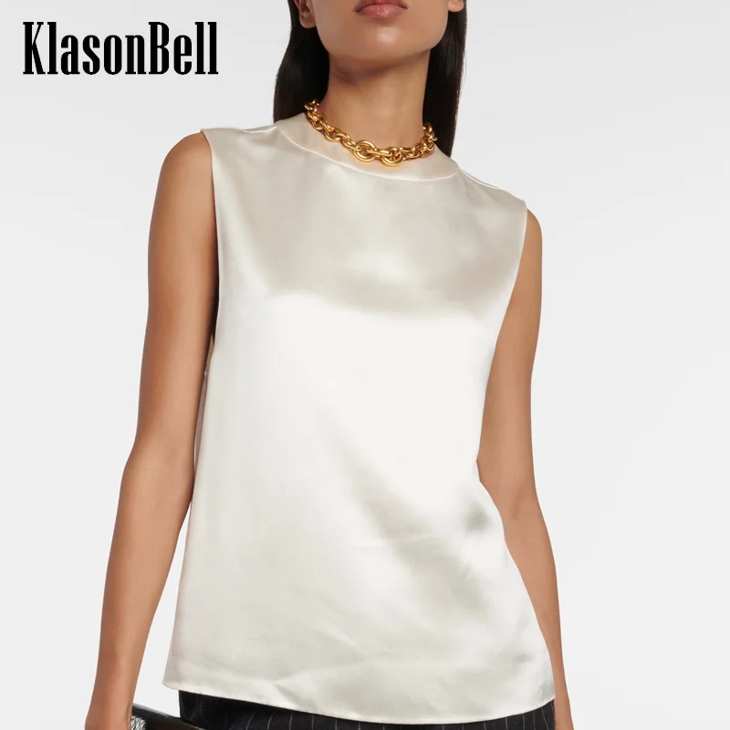 

8.11 KlasonBell Women Clothes Temperament All-matches O-Neck Sleeveless Satin Tank Top Back Button Design Camisole