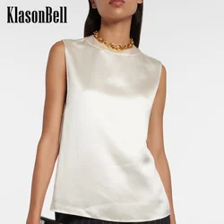 8.11 KlasonBell Women Clothes Temperament All-matches O-Neck Sleeveless Satin Tank Top Back Button Design Camisole