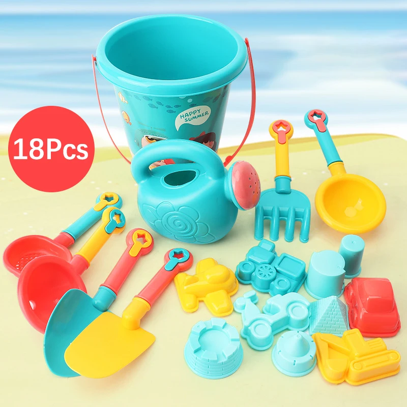 Divertidos juegos al aire libre de verano: juego de 18 piezas; Incluye cubo de playa, regadera, palas; Grandes juguetes de juego de arena para niños