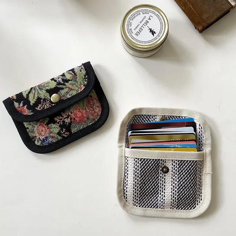 Striped Plaid Canvas Card Holder Portable Hasp Coin Purse ID Credit Card Bags Cover Multifunctional Headphone Key Storage Bags