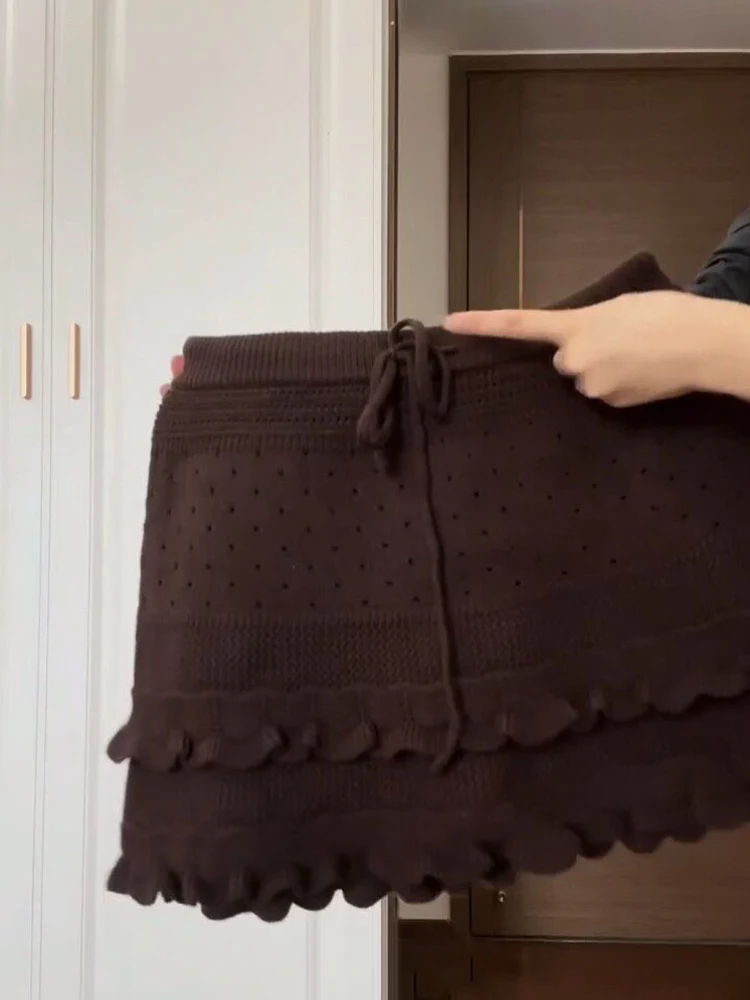 Brown Knitted A-Line  Skirt with Wood Grain  for Women High Waist Miu Series Early Autumn New Arrival Short Skirt