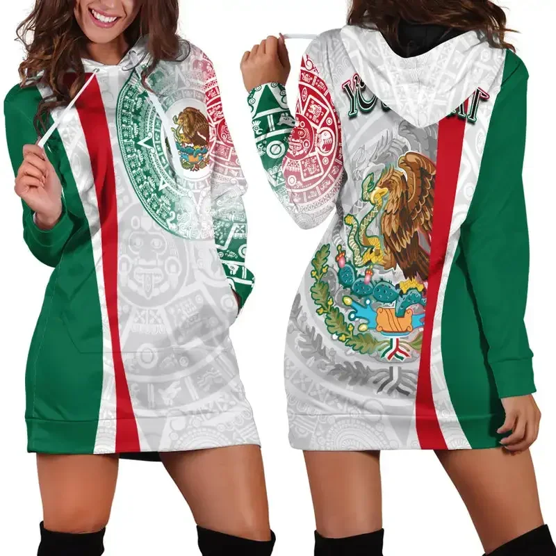 Mexico Flag Women's Hoodie Dress New Harajuku Novel 3D Printing Spring and Autumn Hooded Dress Women's Casual Wear Long Sleeve