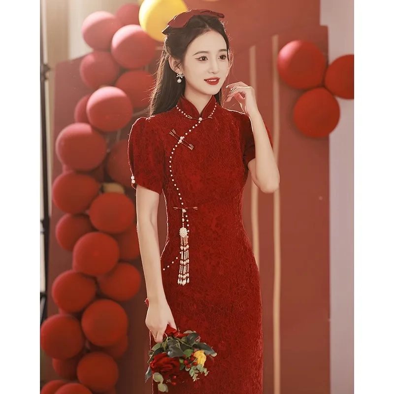 Plus Size 5XL New Chinese Style Qipao Burgundy Satin Cheongsam Women Elegant Evening Banquet Gown Vestidos Tassels Dresses