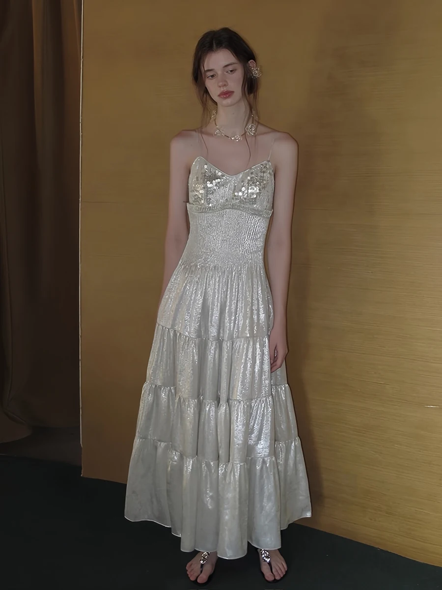 ReddaChic Women Party Sparkly Sequin Cami Dress Glossy V-neck Ruffle Elastic Back Pleated Long Dress Homecoming Formal Clothes