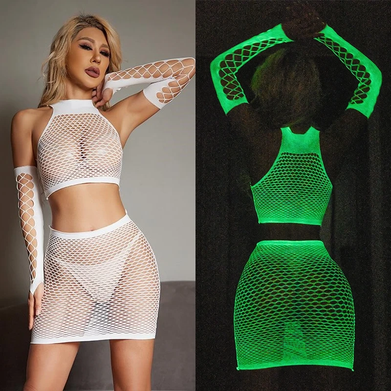 Hot Sexy Crotchless Lingerie Glow In The Dark Fishnet Bodysuit Women Luminous Perspective Jumpsuit Naughty Fantasy Nightwear