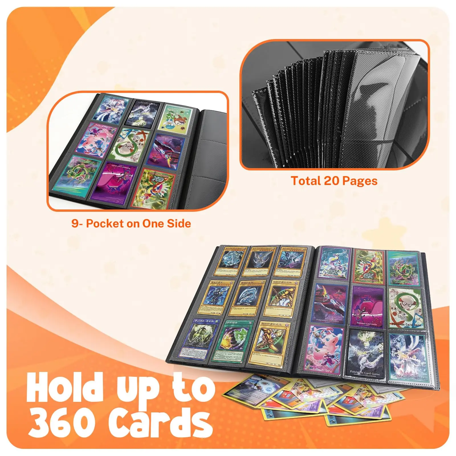 Album na karty A4 z 9 kieszeniami, segregator na luźne kartki, 360 kieszeni, wielokolorowy zestaw albumów na karty do gier, do przechowywania pamiątek/kolekcji kart do gier.