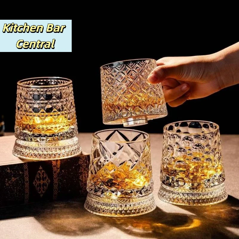 【360 Rotate Degrees Crystal Rum Glass Whiskey Glasses Rotating Whisky Glass With Glass Base For Cocktail Party Drinking】