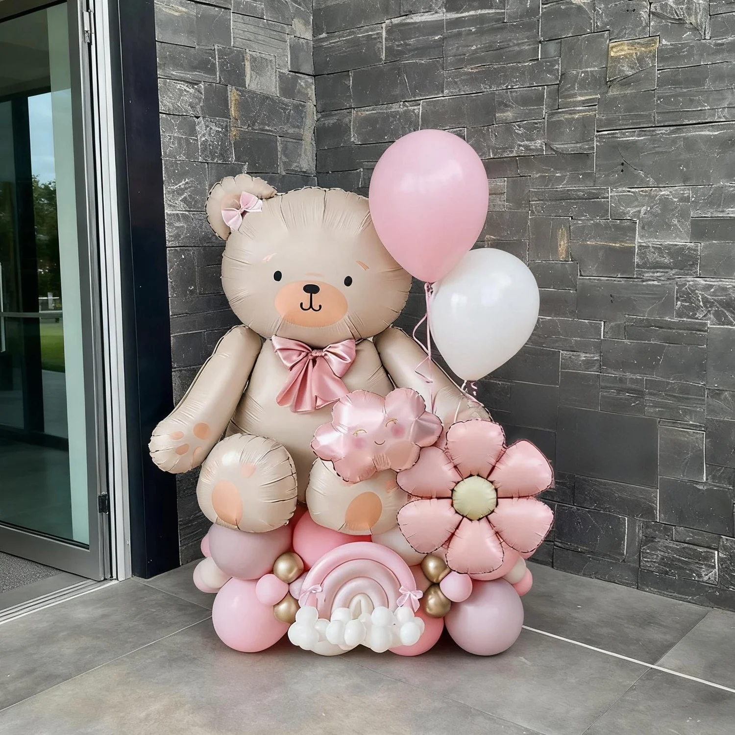 1Set Bow Bear Balloon Set with Pink Daisy Balloon Cloud Aluminum Film Balloon for Birthday Party Shower Proposal Wedding Decor
