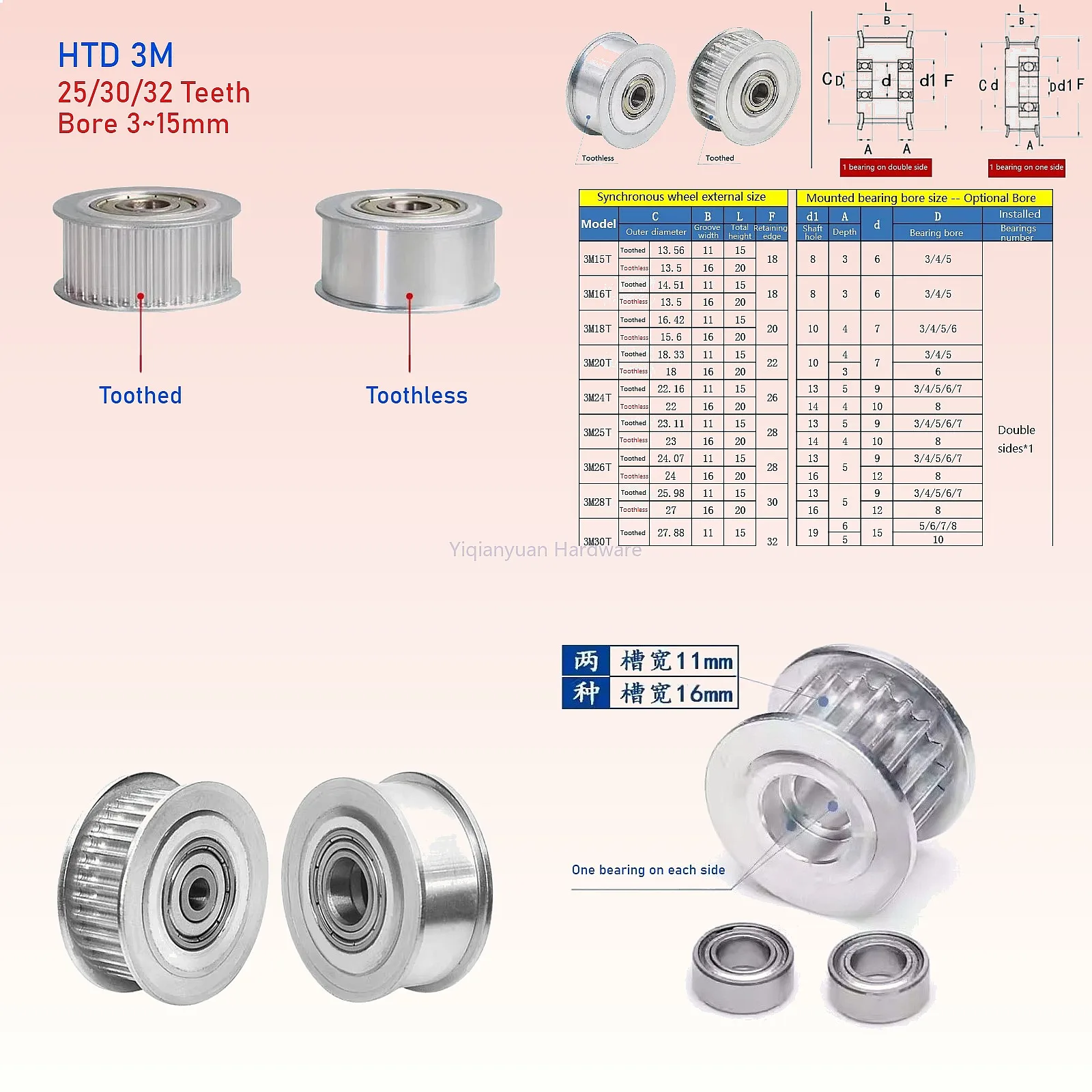 Yiqianyuan 1Piece HTD 3M Idler Timing Pulley 25/30/32T Bore 3-15mm Belt Width 10/15mm Tensioner Bearing Synchronous Wheel