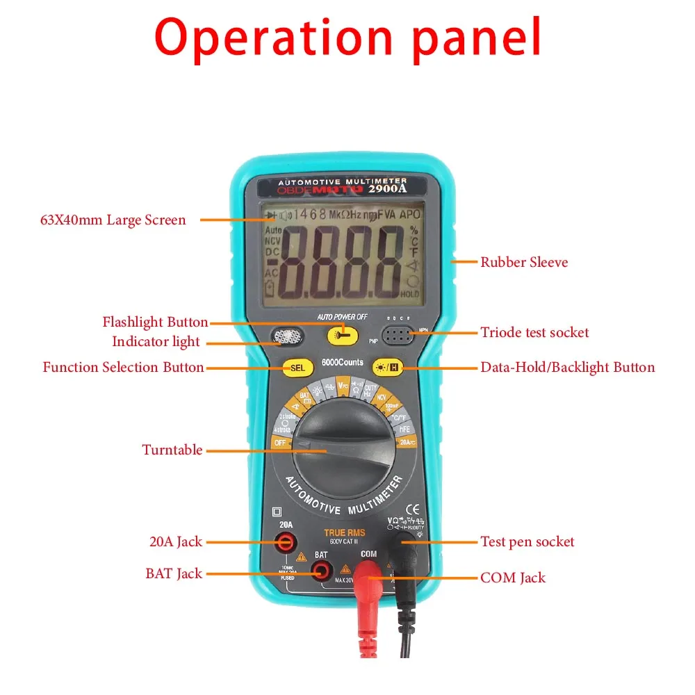 High Performance 2900A Digital Multimeter 6000 Counts Crystal Triode hFE Parameter AC DC Voltage Gauge Dwell Angle RPM Meter