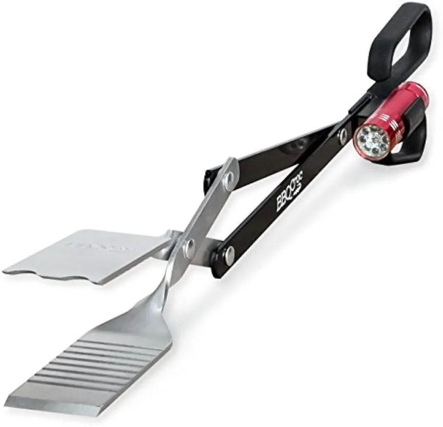 

21-Inch 3-in-1 Barbecue Tool with Flashlight - Extra Light Long Tongs, Spatula, and Grill Scraper in Black