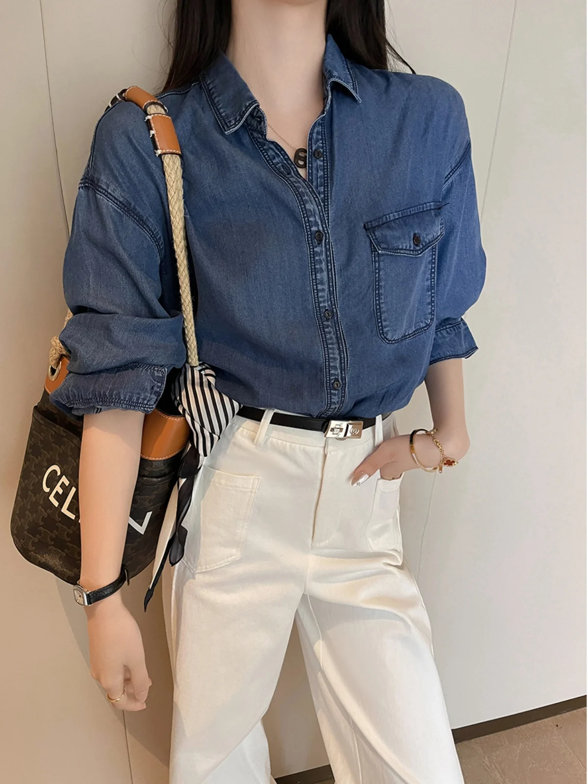 

Blue Ne Denim irt Women's Autumn New Sle Drapey Versatile Commute irt Loose Fit Long Sve Pure Color Button Cl...