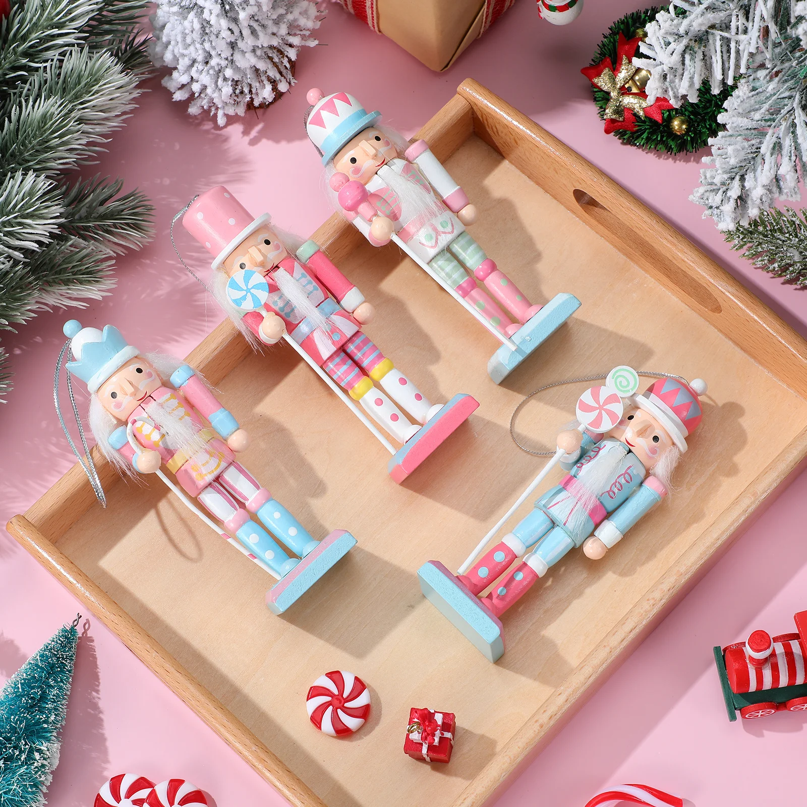 

4pcs Wooden Nutcracker Handcrafted Christmas Soldier Ornament Tabletop Shelf Decor Festival Decoration Traditional Wood Figure