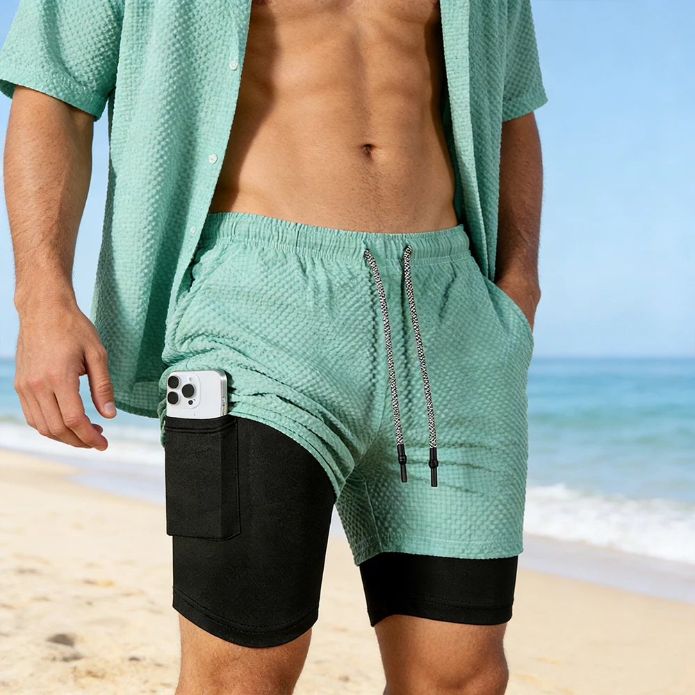 

Men Double Layer Seersucker Running Sports Shorts with Phone Pocket Towel Loop Quick-Drying Gym Workout Fitness Training Shorts