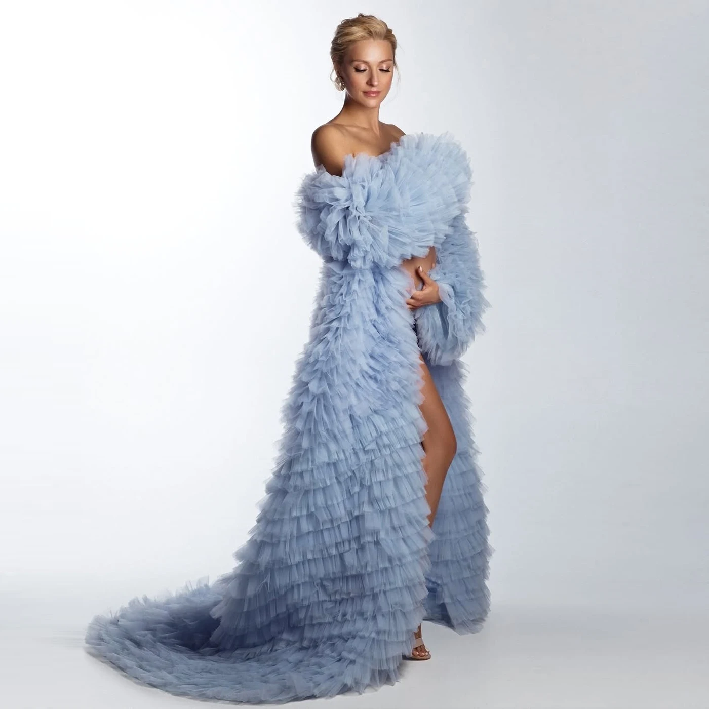 Gorgeous Layered Tulle Maternity Robe Dresses Photoshoot Puffy Long Sleeves Blue Baby Shower Dress Women Long Coat Shoot Jackets