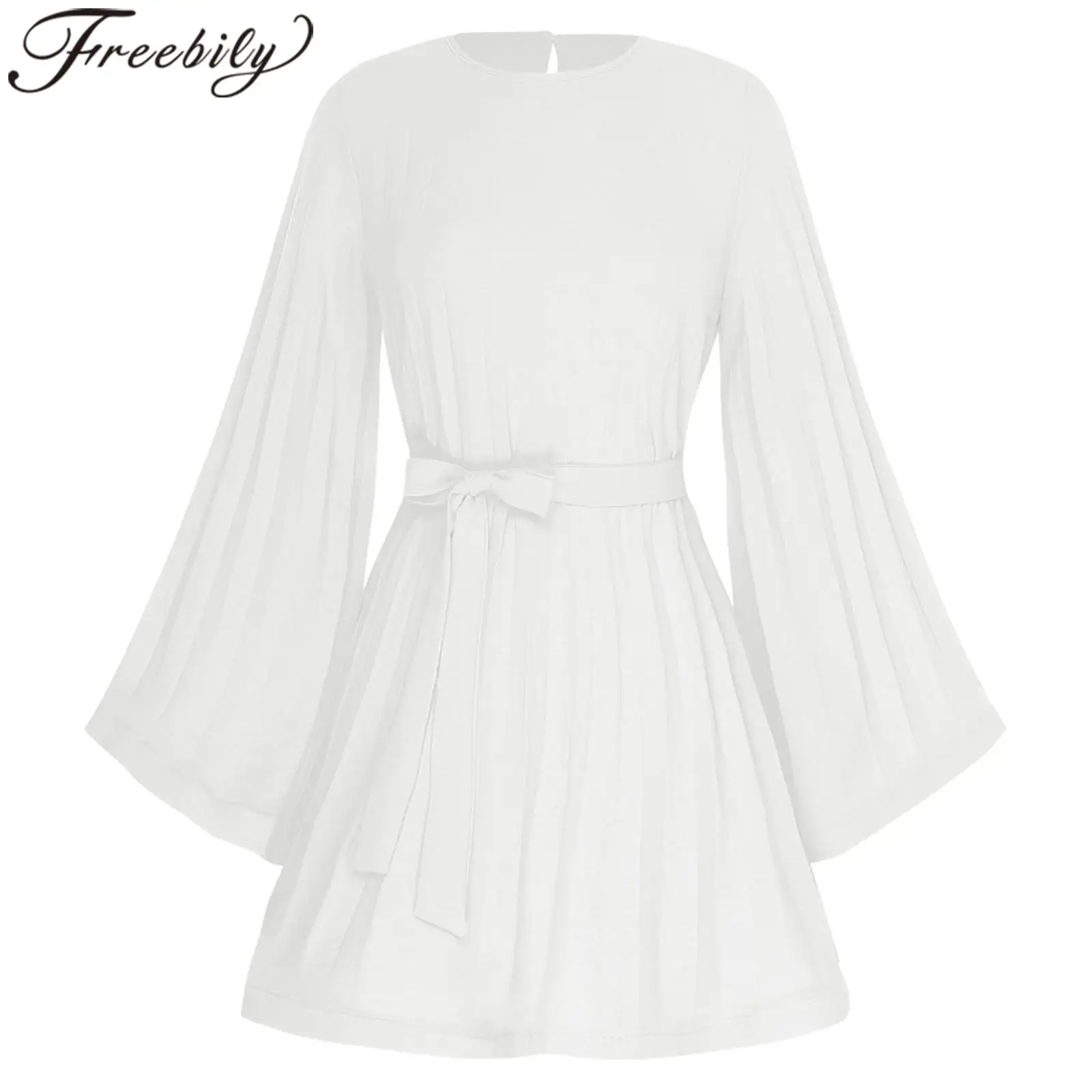 Minivestido liso para mujer, vestido plisado bohemio, elegante vestido plisado con cinturón acampanado de manga larga, vestido acampanado, ropa para mujer