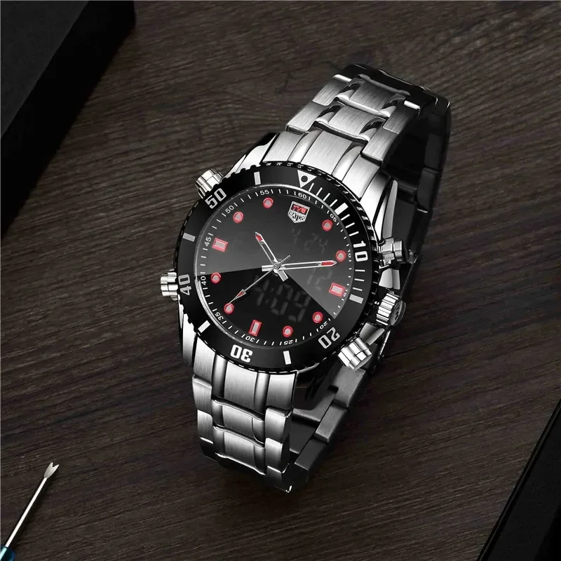 Men Watch Sport Dual movement quartz Stainless Steel Stop Watches LED Digital Watch Waterproof Men clock TVG KM527