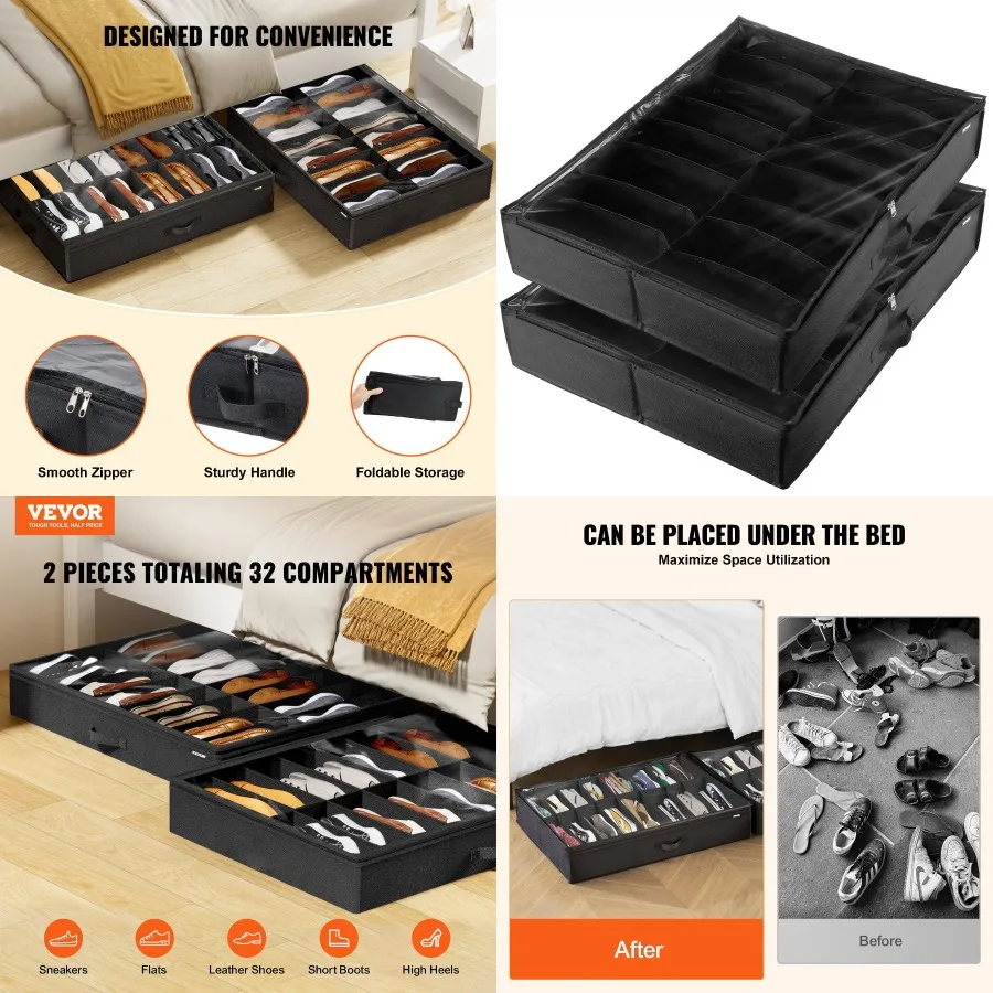 

Vevor Sturdy Under Bed Shoe Storage Organizer Set of 2 32 Compartments Underbed Shoes Closet Storage Solution with Clear Window