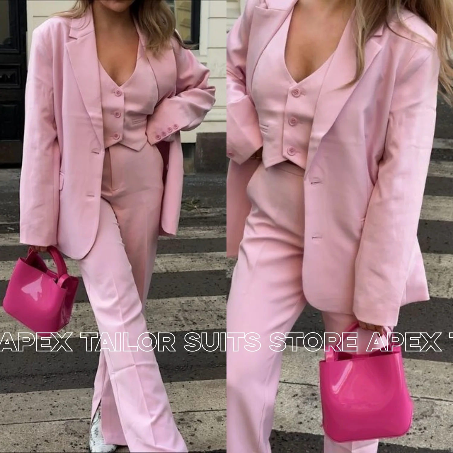 Women 3 Pieces Suit Set Blazer V Neck Vest Split Wide Leg Pants Pink Elegant Office Business Formal Fashion Female Pant Suit