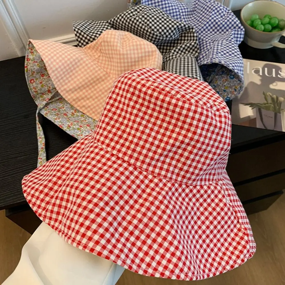 

Sun Protection Hiking Fisherman Hat Lace Up Double Sided Wear Drawstring Sun Hat Small Lattice Sunshade Plaid Hiking Cap Travel