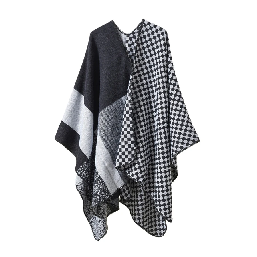 Color Matching Plaids Acrylic Cashmere Cape Wraps Outerwear Women Autumn Winter Long Split Poncho Shawl Leisure Travel Cloak