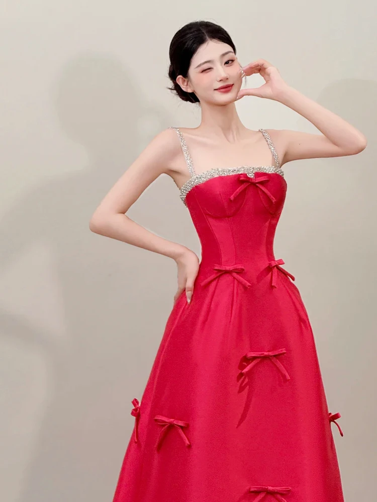 로즈 레드 스위트하트 파티 생일 드레스 소녀 여성 스파게티 스트랩 다이아몬드 리본 이브닝 가운 맞춤형 심플 웨딩 드레스