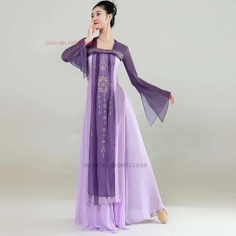 فستان هانفو الصيني التقليدي لعام 2025 + تنورة ملابس رقص شعبية فستان أداء المسرح شيفون شرقي فستان رقص ruqun hanfu