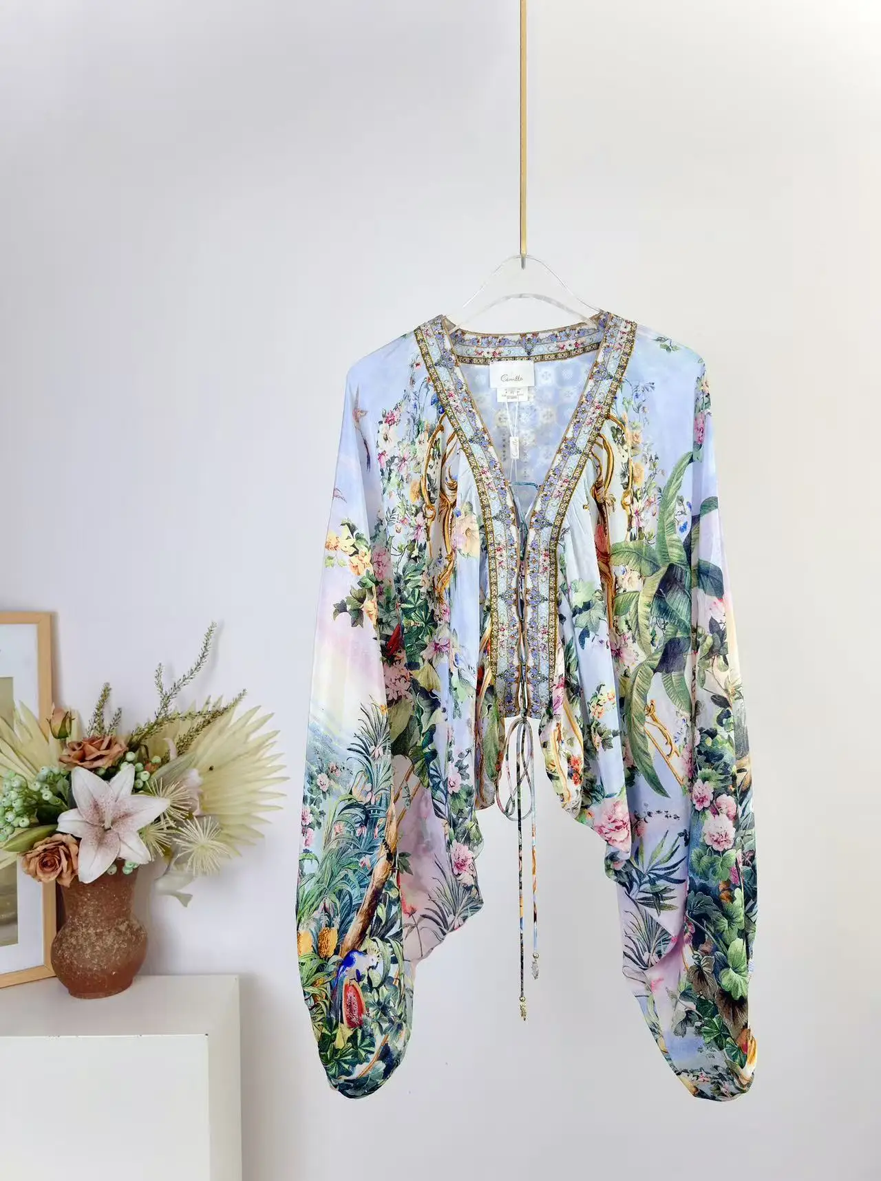 Summer Fashion Vintage Print Silk Loose Short Style Blouses Women's V-Neck Lace-Up Gorgeous Diamond Batwing Long Sleeve Shirt